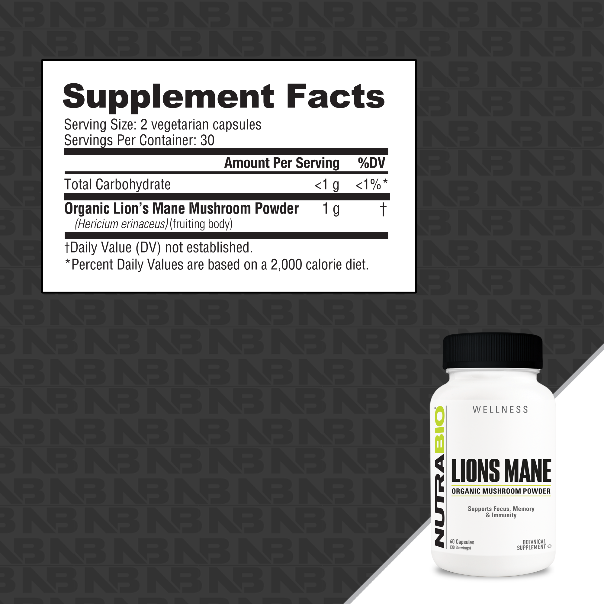 NutraBio Crinière de lion biologique (500mg) - 60 gélules