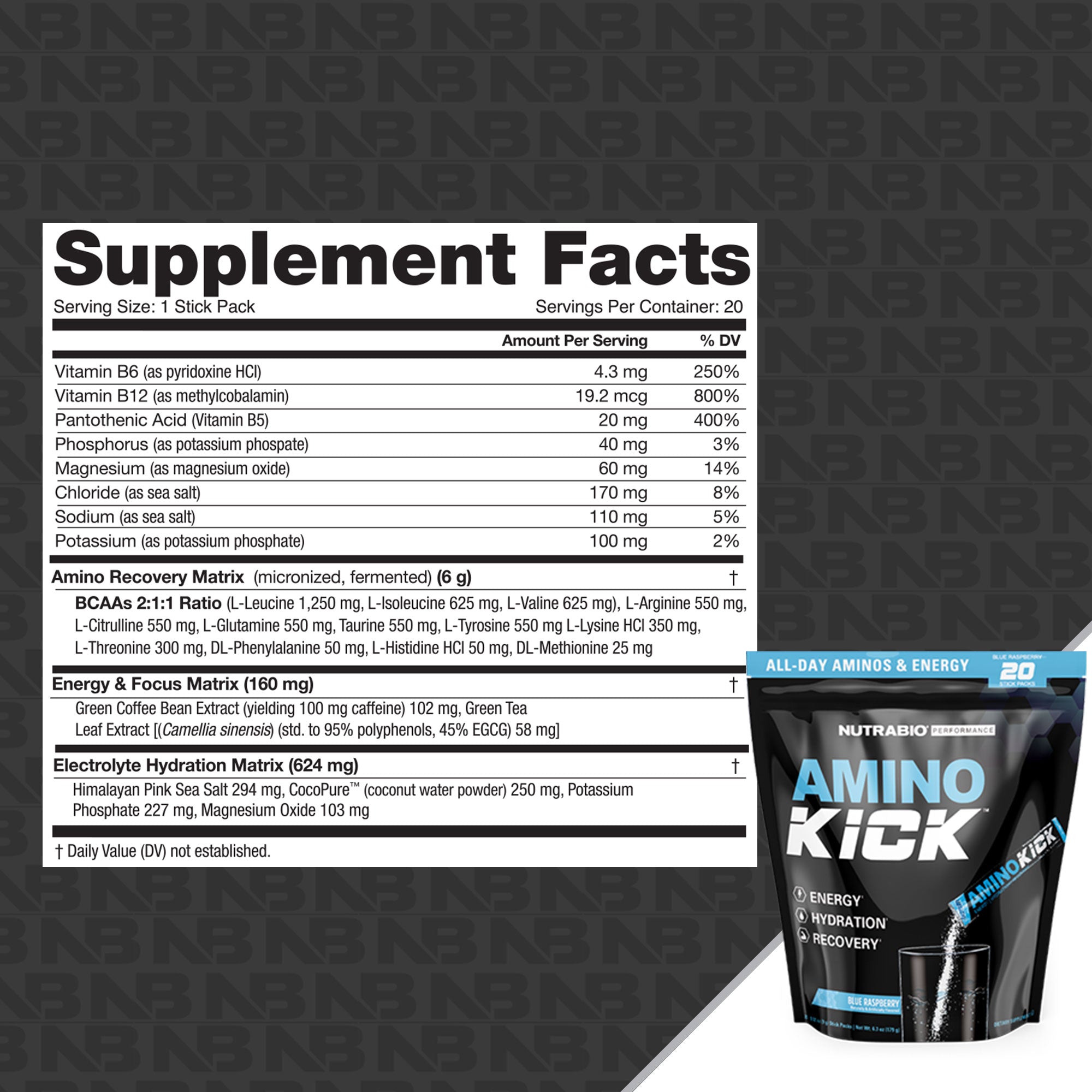 NutraBio Amino Kick Stick Pack Bag - 20 Servings