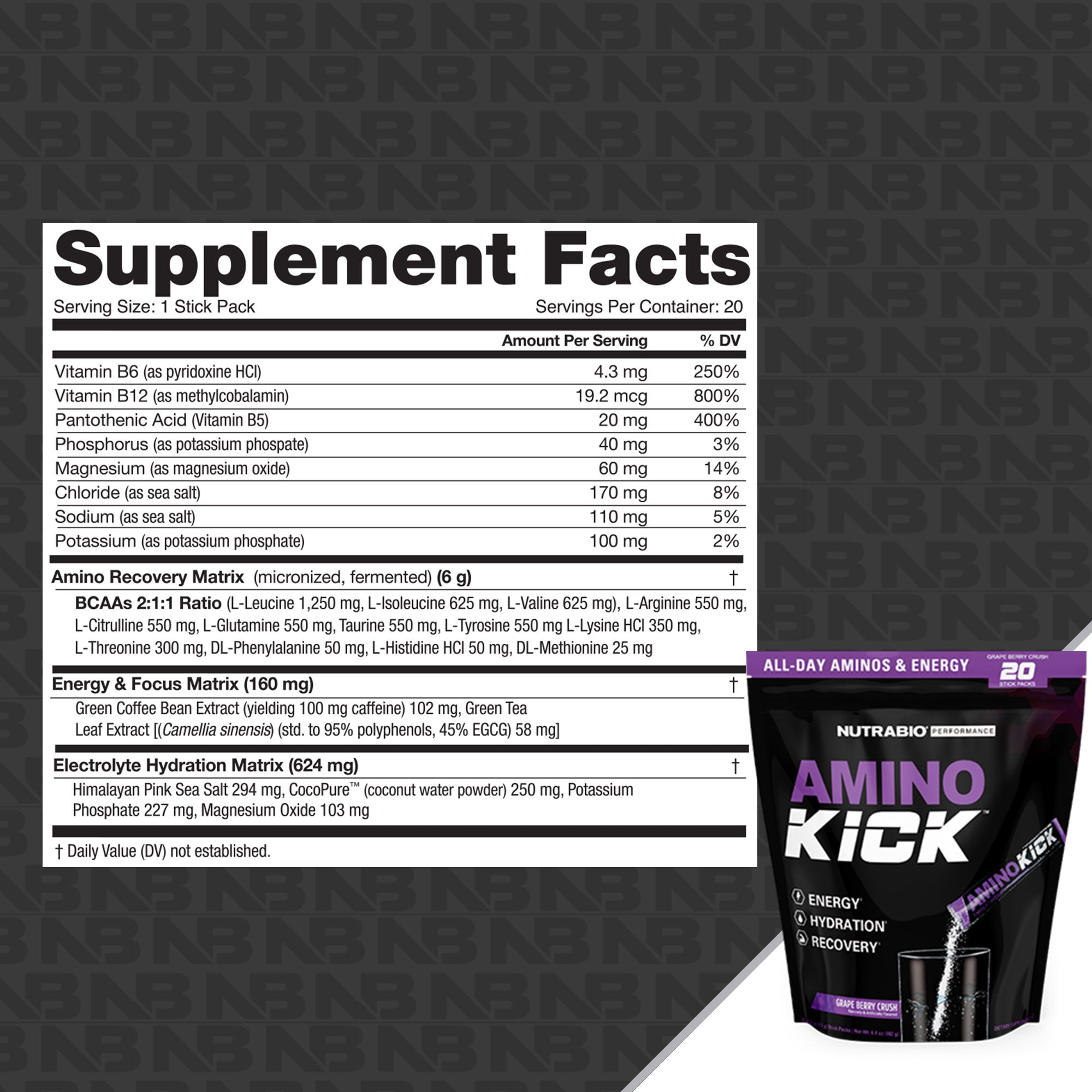 NutraBio Amino Kick Stick Pack Bag - 20 Servings