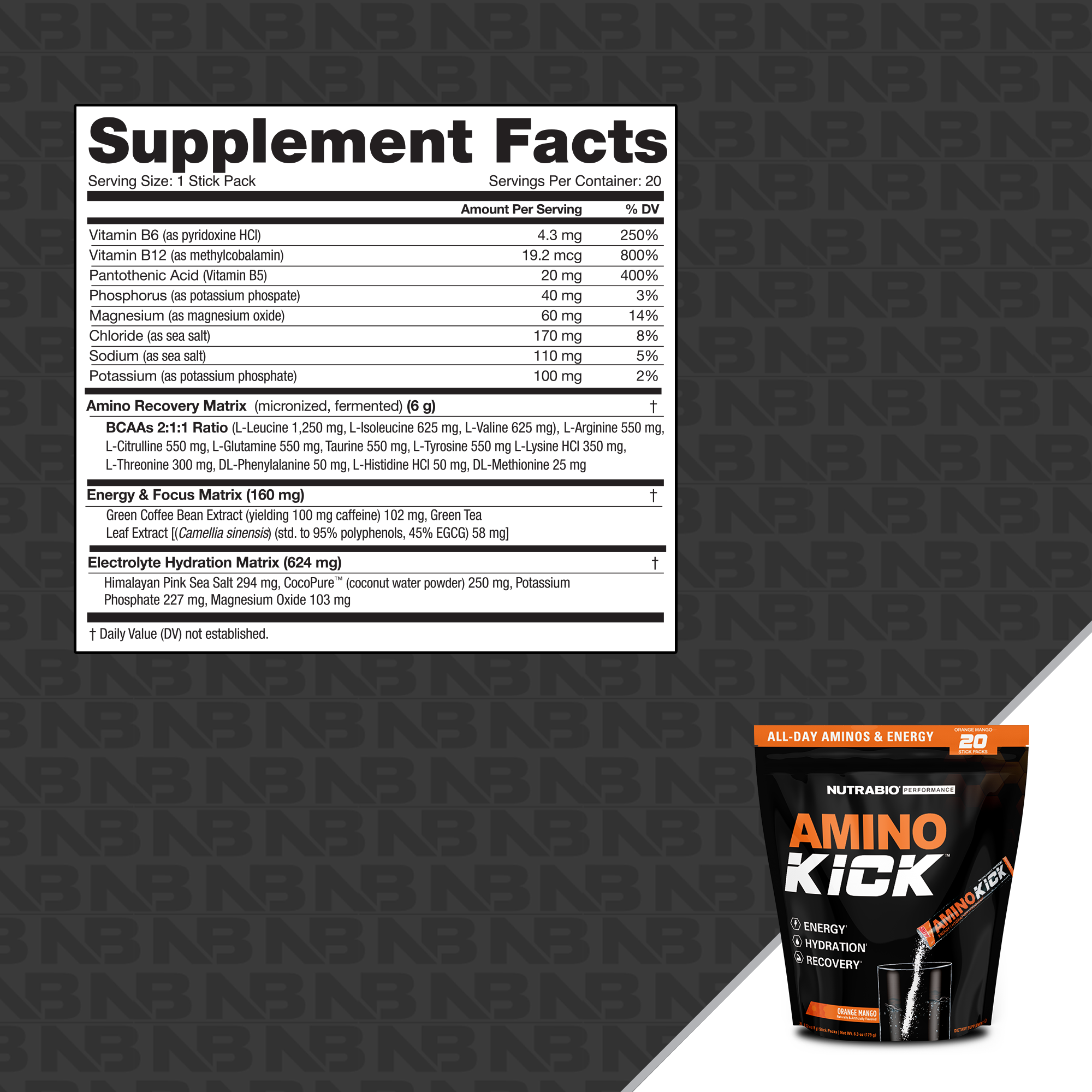 NutraBio Amino Kick Stick Pack Bag - 20 Servings