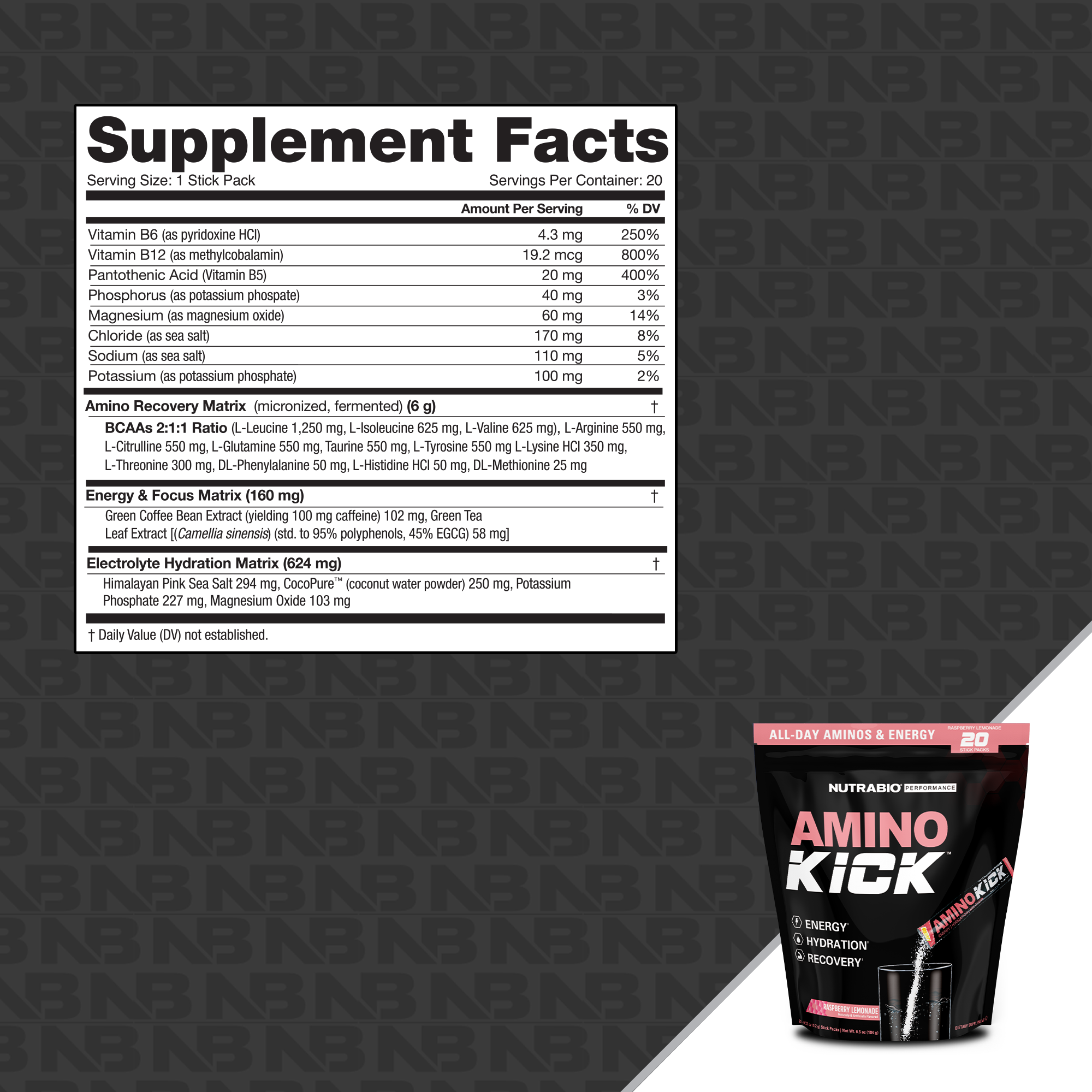 NutraBio Amino Kick Stick Pack Bag - 20 Servings