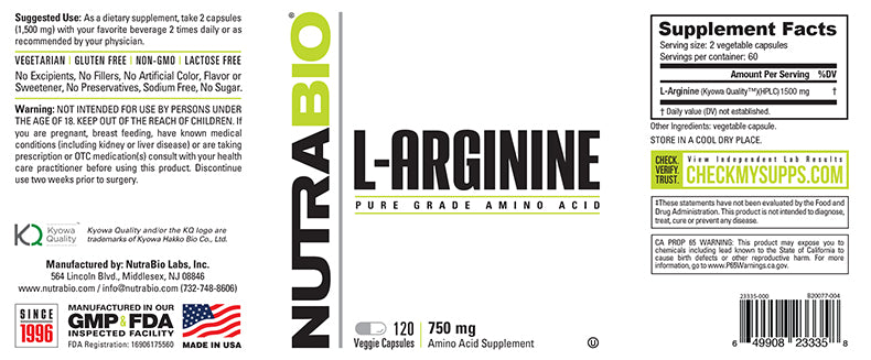 NutraBio Arginine (750mg) - 120 Vegetable Capsules