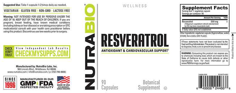 NutraBio Resveratrol (500mg) - 90 Vegetable Capsules