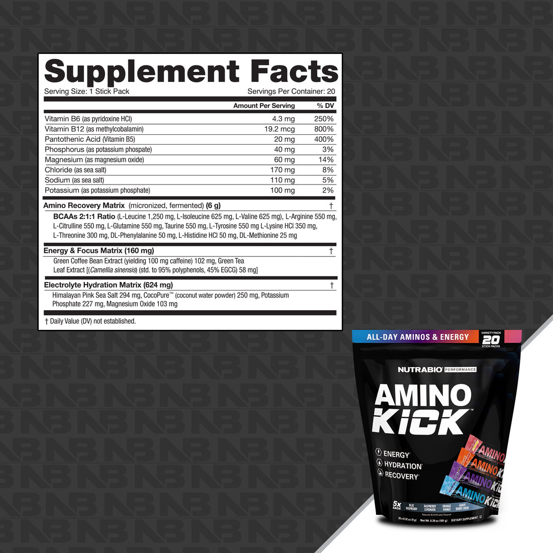 NutraBio Amino Kick Stick Pack Bag - 20 Servings