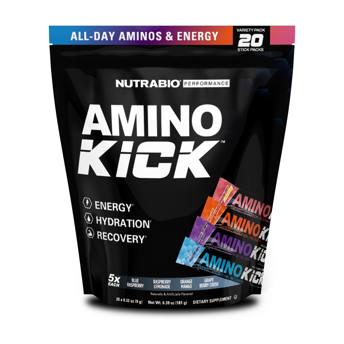 NutraBio Amino Kick Stick Pack Bag - 20 Servings