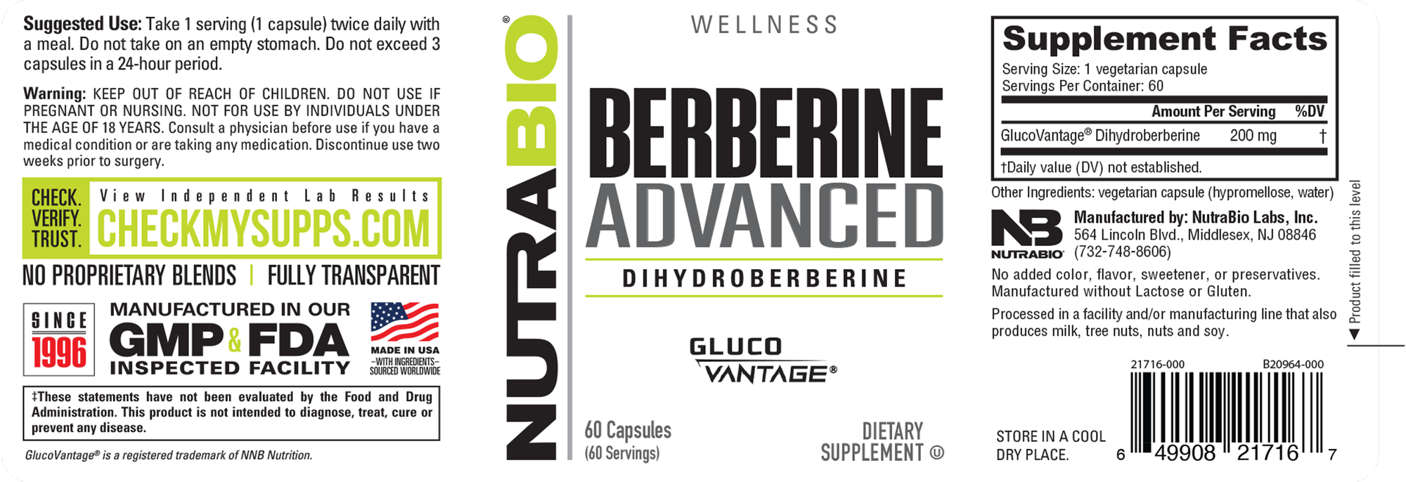 NutraBio Berberine Advanced (200mg)