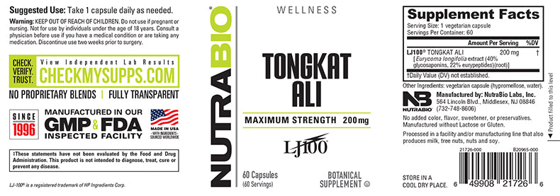NutraBio Tongkat Ali (LJ100) (200mg) 60 Capsules