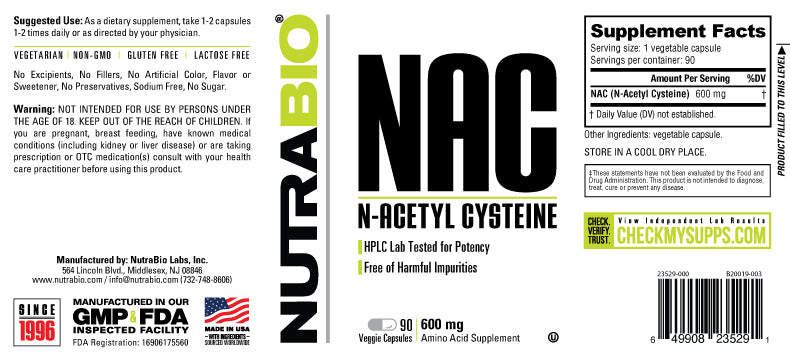 NutraBio NAC (N-Acetyl-Cysteine) 90 Capsules