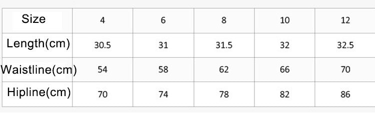 Belladonna Shorts Size Chart